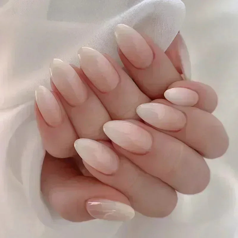 24Pcs French Press On Nails - Almond Fake Nail Tips with Glue, White Edge Design & Pink Stiletto Style Manicure Set
