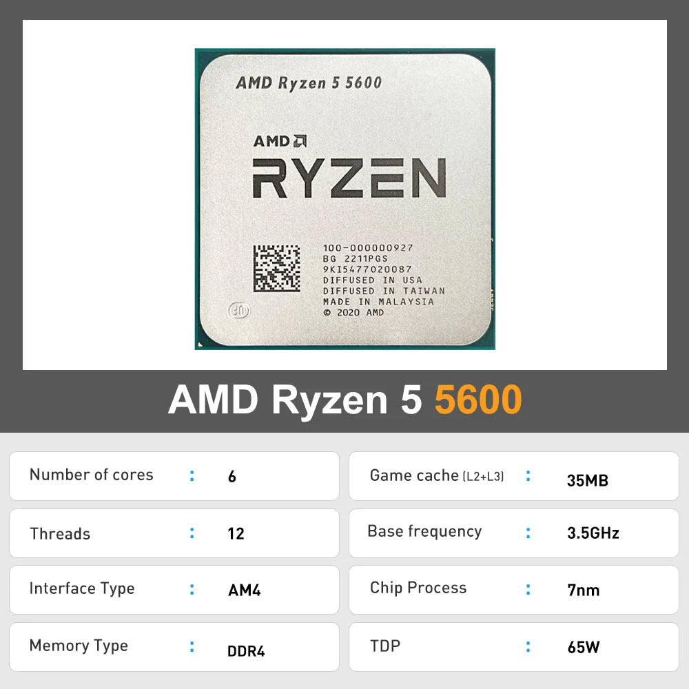 NEW AMD Ryzen 5 5600 – 3.5GHz 6-Core 12-Thread CPU Processor, 7nm, L3=32MB, Socket AM4