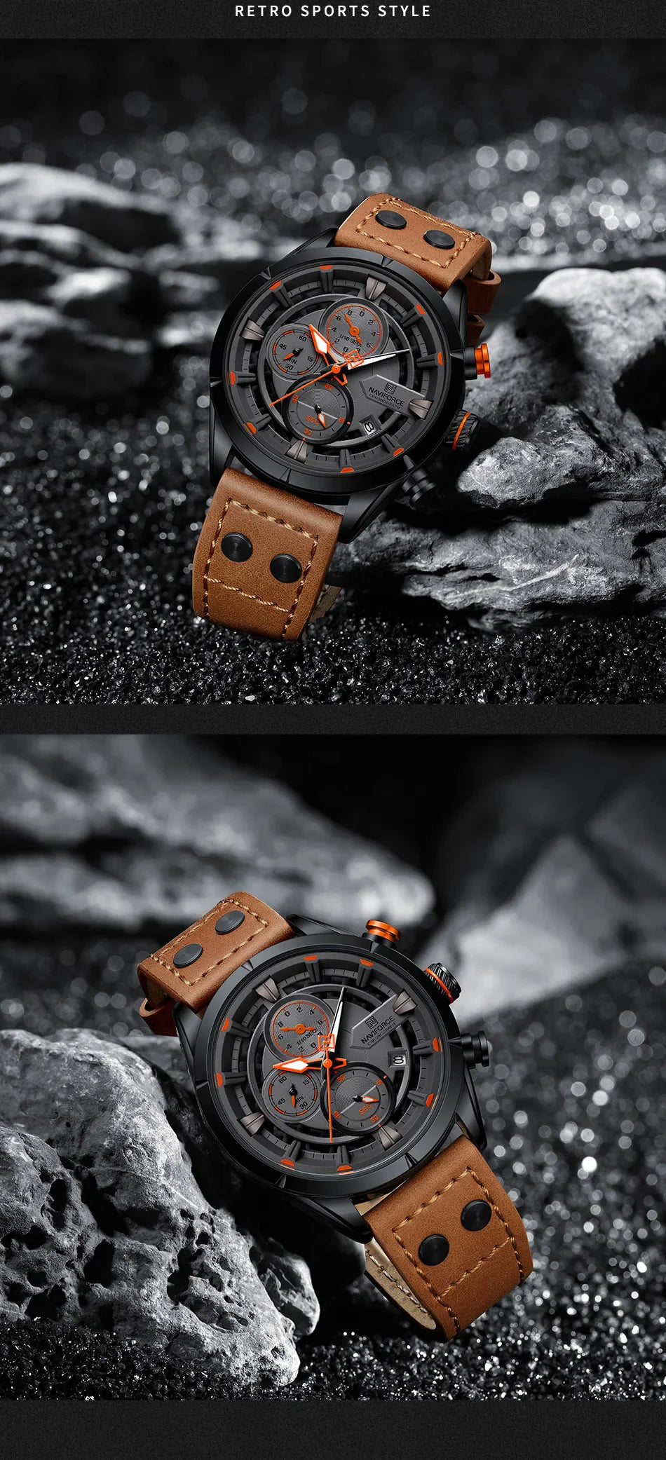 NAVIFORCE Men's Casual Watch – Luxury Waterproof Chronograph Quartz Wristwatch with Genuine Leather Strap