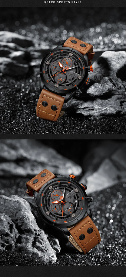NAVIFORCE Men's Casual Watch – Luxury Waterproof Chronograph Quartz Wristwatch with Genuine Leather Strap