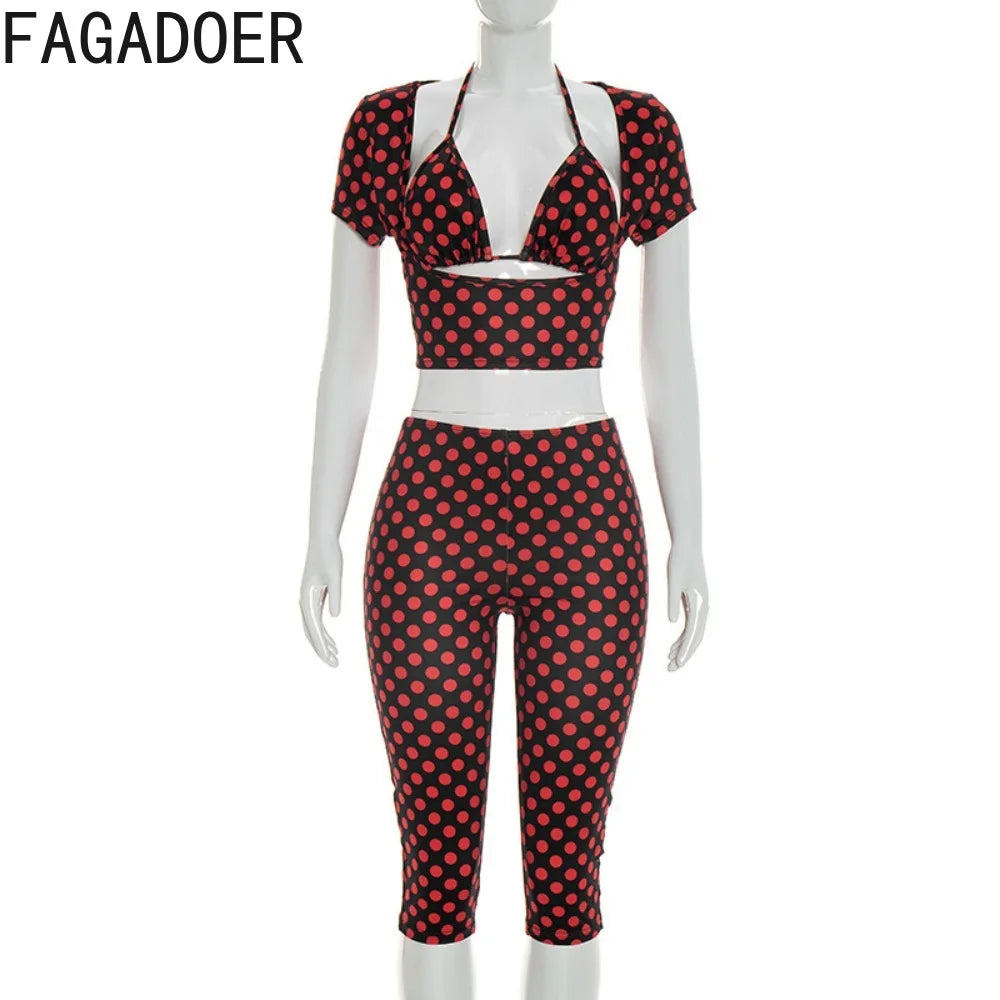 FAGADOER 3-Piece Polka Dot Women’s Outfit Set – Sexy Patchwork Crop Top, Short Sleeve Tee & Pants Streetwear Matching Fashion Set