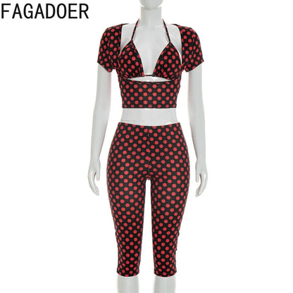 FAGADOER 3-Piece Polka Dot Women’s Outfit Set – Sexy Patchwork Crop Top, Short Sleeve Tee & Pants Streetwear Matching Fashion Set