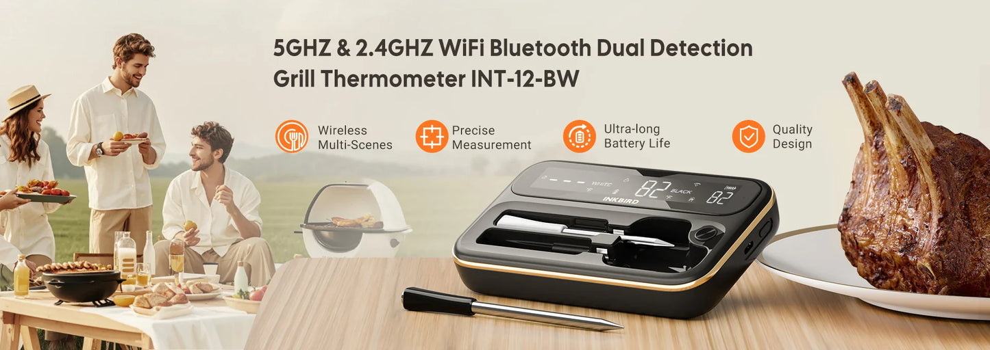INKBIRD Dual-Mode Wireless Meat Thermometer – Long & Short Probe, Backlit LCD, IP67 Waterproof with BBQ Alarm