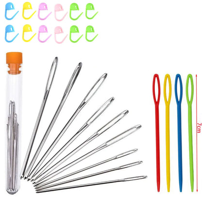 26Pcs Sewing & Knitting Kit Set – Large Eye Blunt Yarn Needles, Plastic Weaving Needles, Crochet Locking Stitch Markers & Craft Tools Set