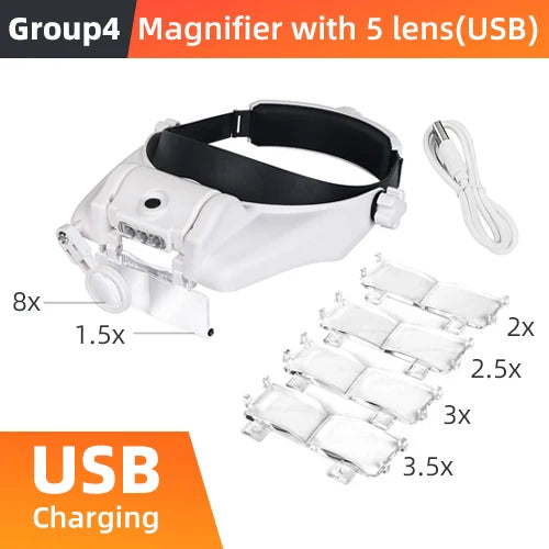 LED Headband Magnifier with 8x Lenses – Hands-Free Magnifying Glass for Jewelry, Watch & Electronic Repair