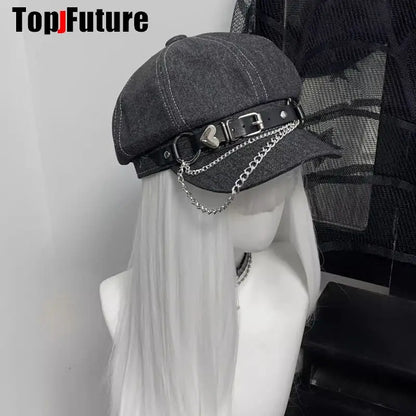 Custom Harajuku Gothic Lolita Beret Hat – Y2K Punk Lace Bow Cap for Women, Handmade Decorative Sun Hat