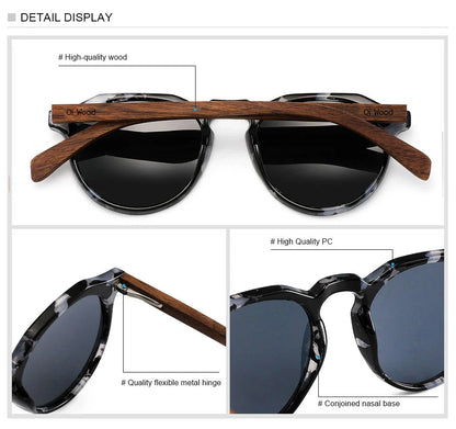 Oi Wood Round Sunglasses — Walnut Wood Frames with Red Lens & Tortoise Shell Design for Men & Women