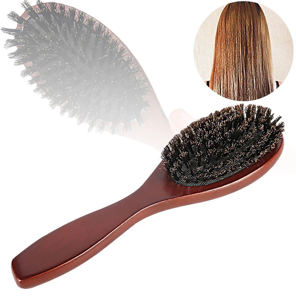 Natural Boar Bristle Hair Brush — Anti-Static Wooden Oval Comb for Women’s Hair Styling