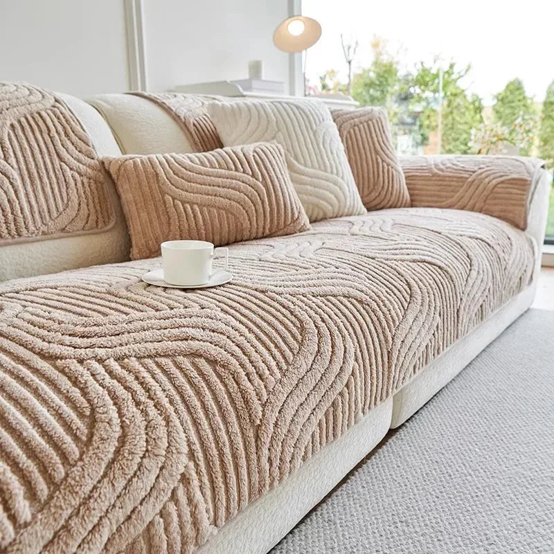 Wave Striped Plush Sofa Cover – Thick Non-Slip Couch Slipcover & Sofa Mat for Living Room, Solid Color Protective Towel