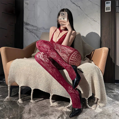 Black & Red Flower Lolita Women’s Socks – Classic Lace Mesh Pantyhose Tights with Rattan Stocking Design