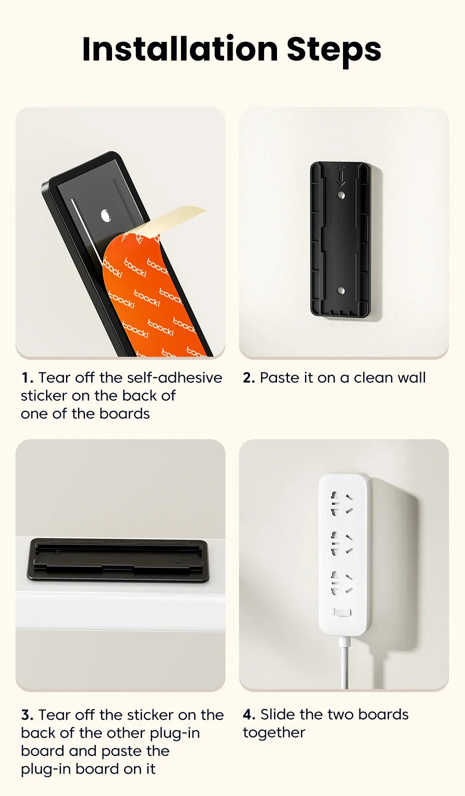 Toocki Punch-Free Wall-Mounted Power Strip Holder – Socket Fixer & Home Power Organizer for Kitchen & Office