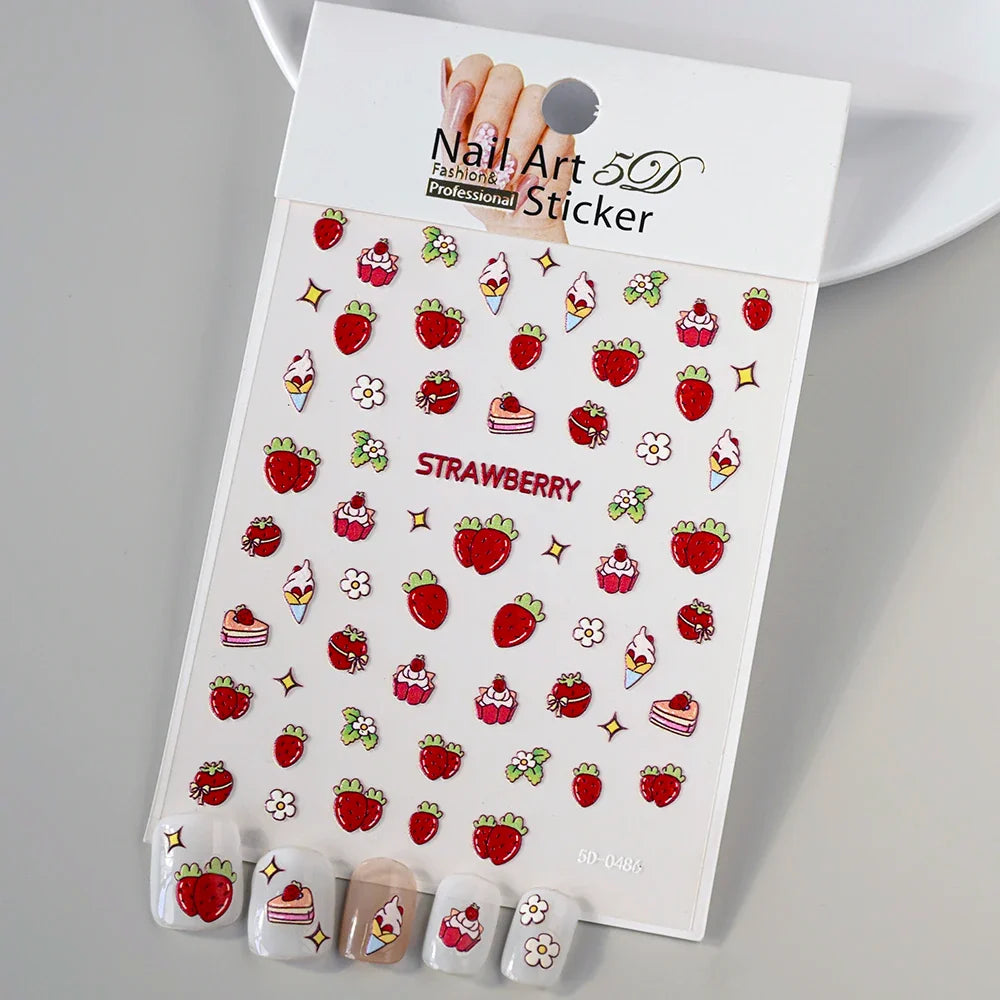 5D Macaron Nail Stickers - Embossed Flower, Fruit, Bear & Rabbit Charms for Summer DIY Manicure Decoration