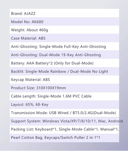 AJAZZ AK680 Mechanical Keyboard – 68 Key Wired/Wireless Bluetooth Gamer Keyboard with Hot-Swap Custom Gasket for PC and Laptop