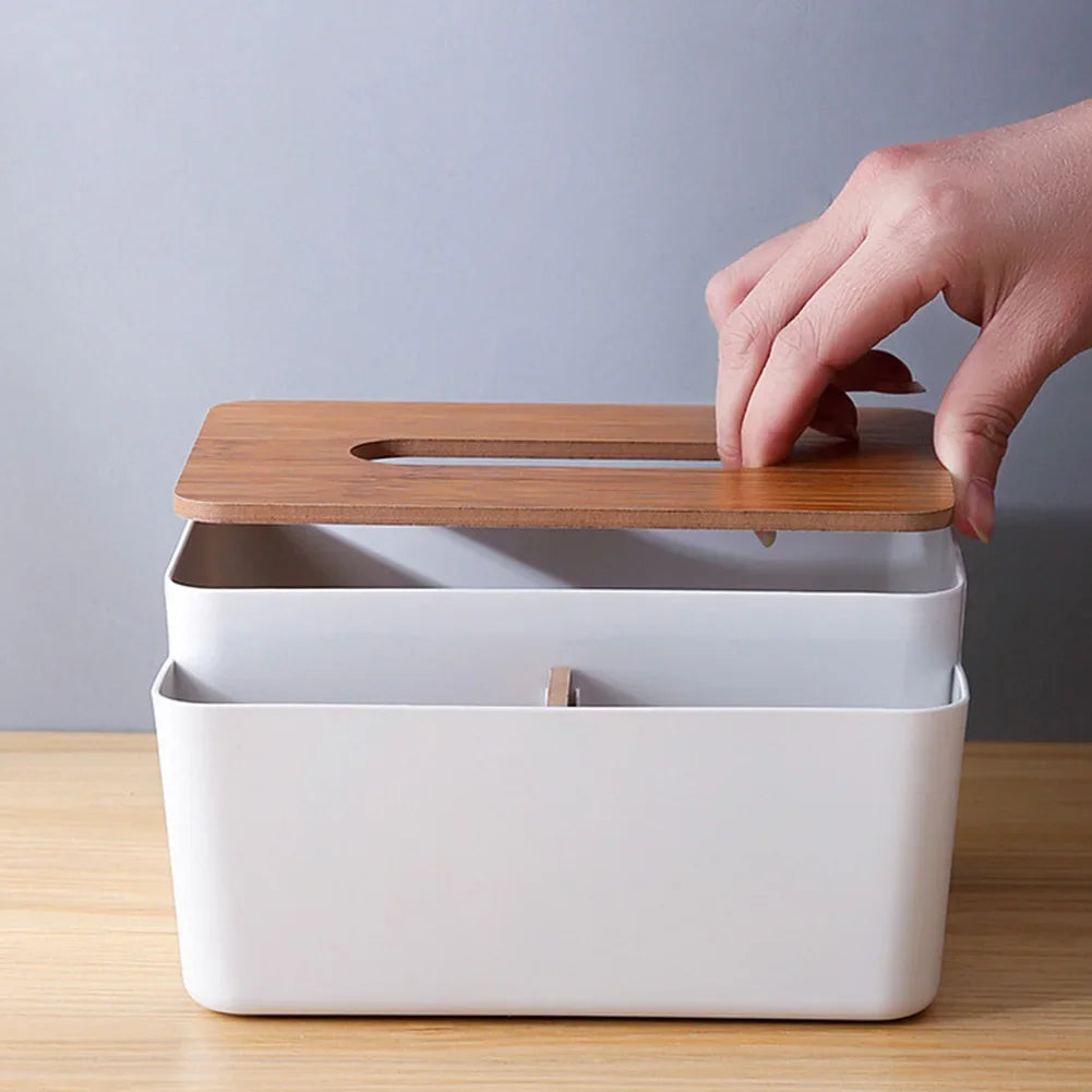 Wooden Tabletop Tissue Box & Storage Organizer – Desktop Holder for Tissue, Remote & Towels