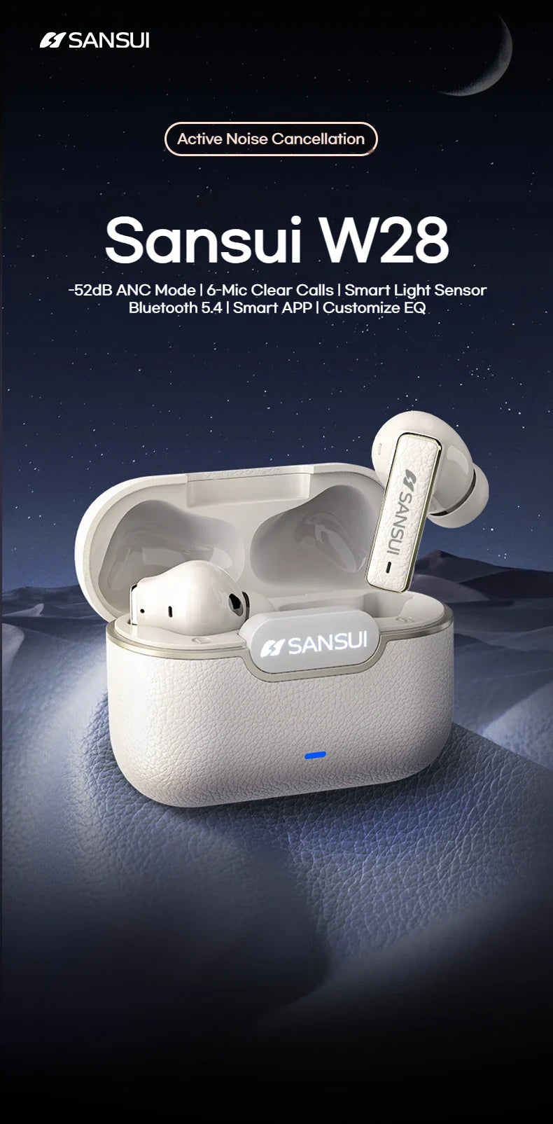 Sansui W28 ANC Bluetooth Earbuds – -52dB Noise Cancelling, 6-Mic HD Calls, In-Ear Detection, Comfort Fit for Sports & Work