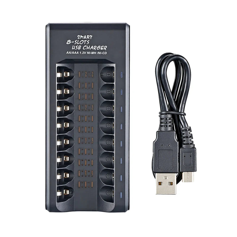 8-Slot Fast USB Rechargeable Battery Charger – AA/AAA NiMH 1.2V with Short Circuit Protection & USB Output