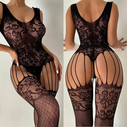 Women’s Open Crotch Bodystocking Lingerie - Black Sleeveless Sexy Mesh Bodysuit & Crotchless Fashion Underwear