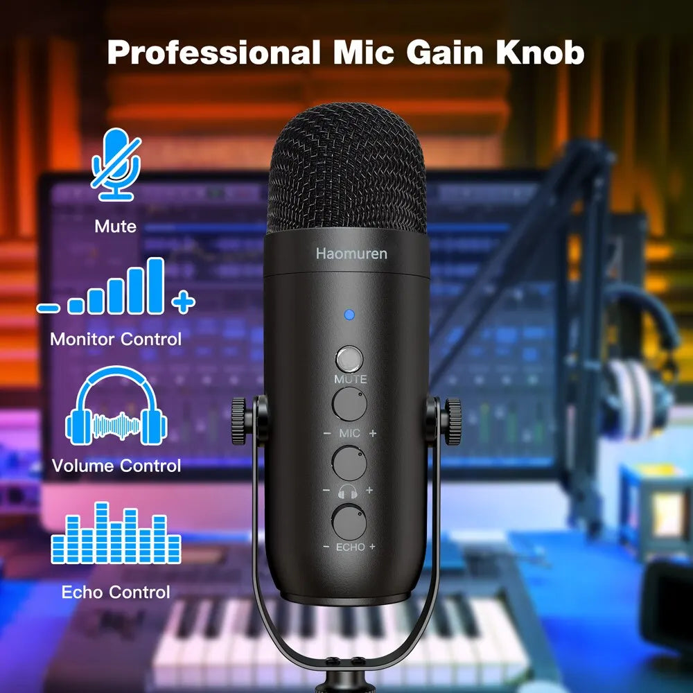 Haomuren Professional USB Podcast Microphone Kit – Cardioid Condenser Mic with Boom Arm for Streaming, Recording, and YouTube
