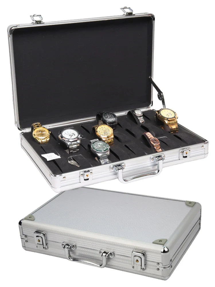 Aluminium Watch Storage Box — 12-Slot Jewelry Display Case with Suede Interior