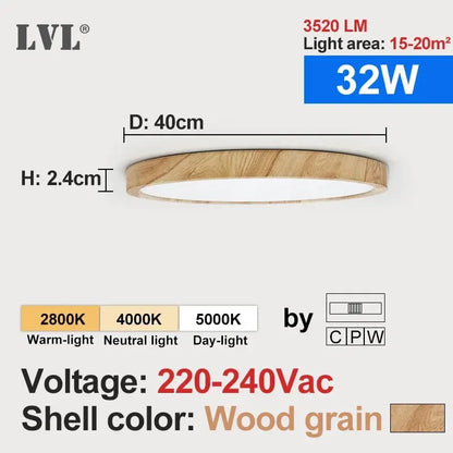 LVL LED Ceiling Light – 3-in-1 Wood Grain & White Round Flush Lamp for Kitchen, Bedroom & Bathroom