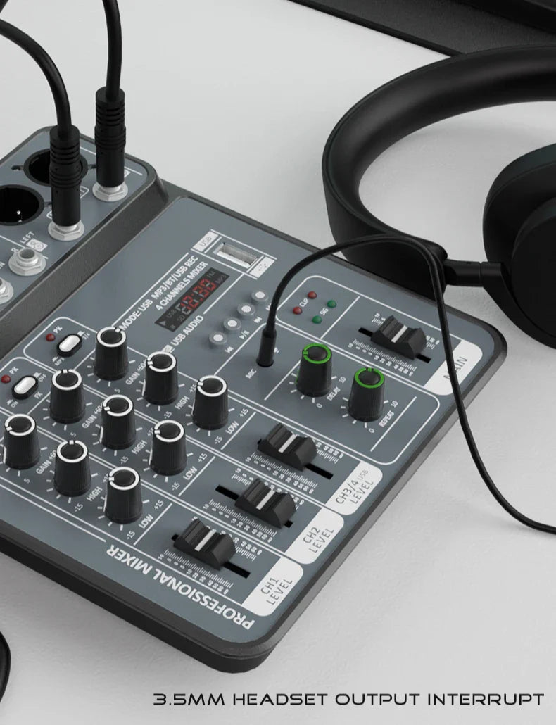 4-Channel Audio Mixer — USB Studio Mixer with 48V Phantom Power & Bluetooth for DJ & Karaoke