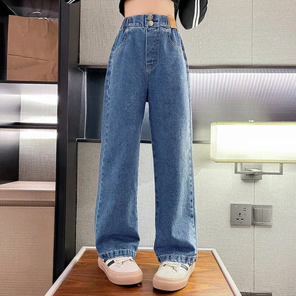 New 2024 Teenage Girls’ Blue Street Cartoon Jeans – Elastic Mid-Waist Loose Wide-Leg Denim Pants for Spring Fashion