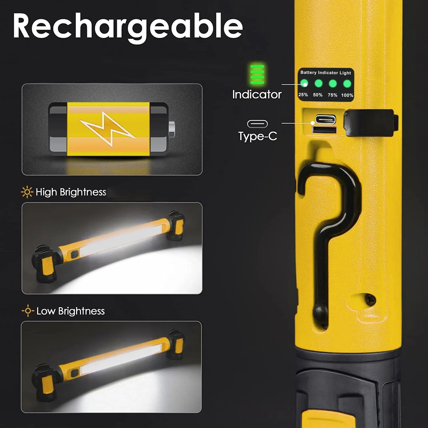 Super Bright Magnetic LED Work Light – Built-in 5200mAh Rechargeable Underhood Lamp for Car Repair & Outdoor Lighting