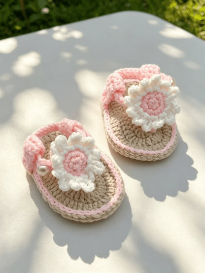 Handmade Crochet Baby Girl Sandals - Pink & Beige Flower Pearl Newborn Booties