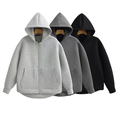 TRAFZA Autumn Women's Gray Jacket – Hooded, Long Sleeve, Zipper Coat with Big Pockets, Loose Casual Outerwear Tops