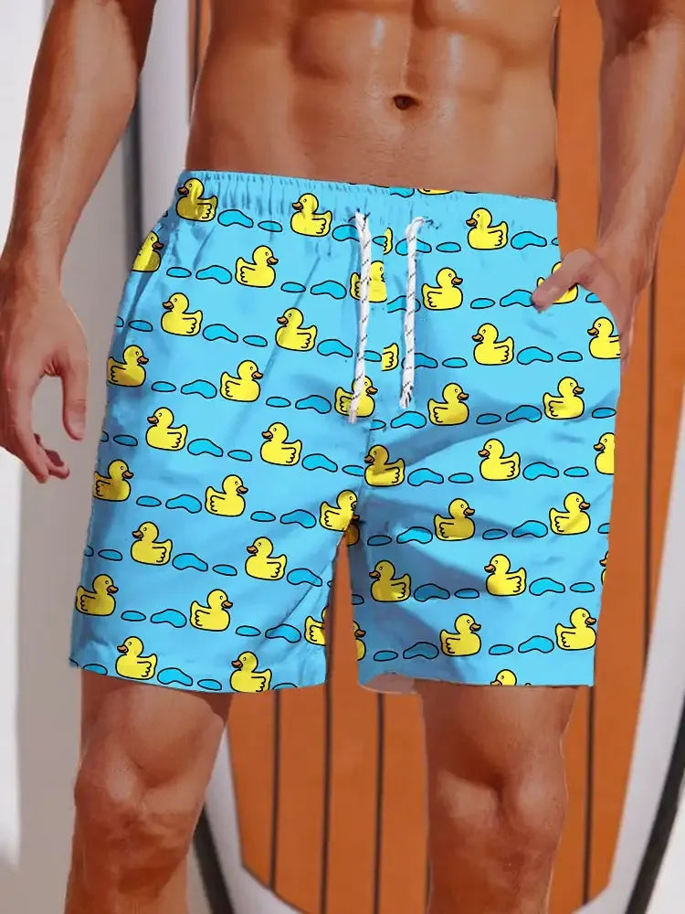Men's Yellow Duck Hawaiian Swim Shorts - 3D Print Breathable Elastic Waist Summer Trunks