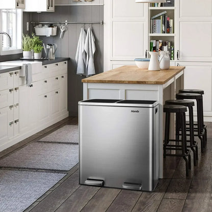 60L Dual Compartment Kitchen Step Trash Can – Hands-Free, Soft-Close Lid, Brushed Stainless Steel