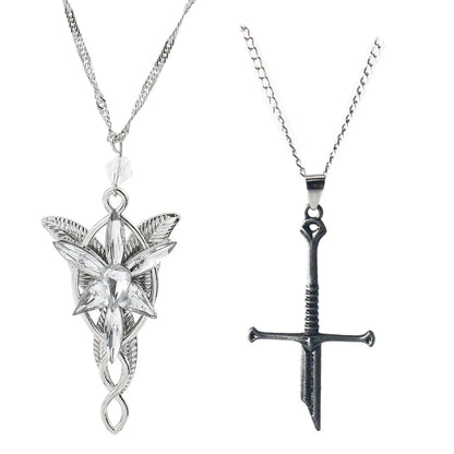 Broken Sword Necklace Set - Metal Elf Crystal Evenstar Pendant Punk Sword Jewelry Gift for Men & Women