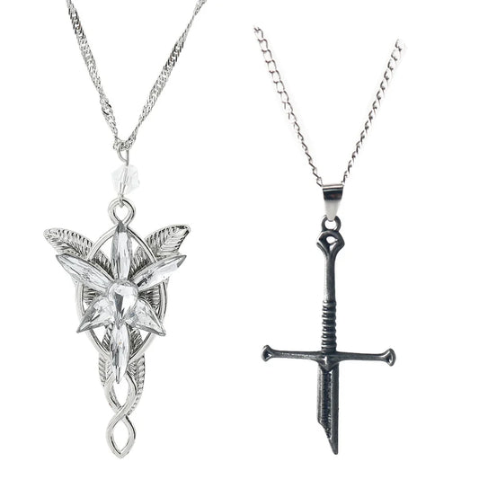 Broken Sword Necklace Set - Metal Elf Crystal Evenstar Pendant Punk Sword Jewelry Gift for Men & Women