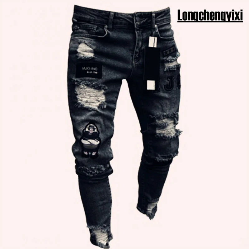 Men’s Retro Washed Stretch Denim Jeans – Slim Fit Zipper Casual Skinny Pencil Pants, Plus Size