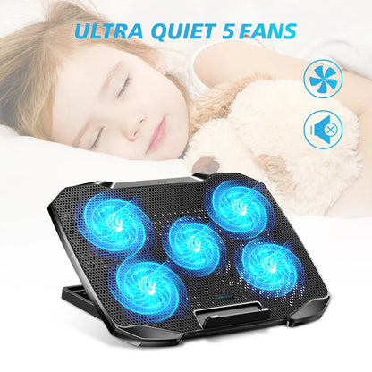 COOLCOOLD Laptop Cooling Pad - 12-17 Inch Laptop Cooler Stand with 5 Quiet Fans, 5 Adjustable Angles & Phone Holder