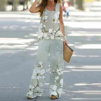 Women Printed 2-Piece Summer Suit Set – Sleeveless Round Neck Top & Wide Leg Pants Casual Loose Fit Outfit
