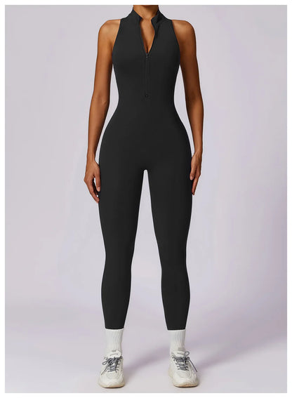 Women’s V-Back One-Piece Sports Jumpsuit — Sleeveless Yoga Romper with Zipper Workout Bodysuit