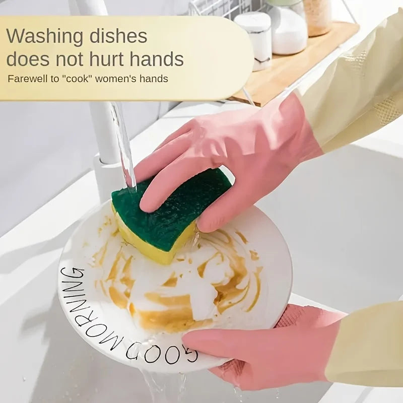 Thick Waterproof Latex Kitchen Gloves – Non-Slip Grip Dishwashing & Cleaning Gloves, Durable Household Protection (Beige & Mint Green)