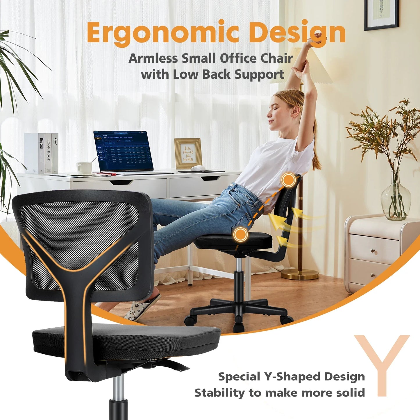 Mesh Armless Office Chair – Low Back with Lumbar Support, Adjustable Height, 360° Swivel & Wheels