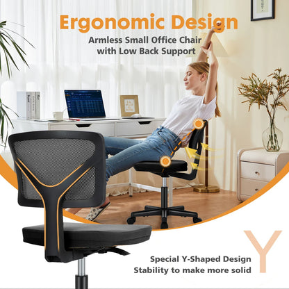 Mesh Armless Office Chair – Low Back with Lumbar Support, Adjustable Height, 360° Swivel & Wheels