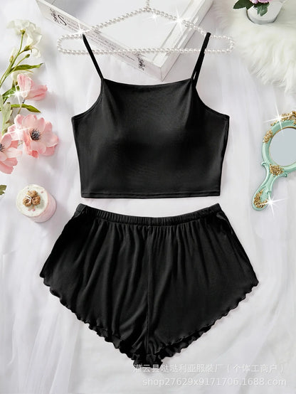 2025 Women’s Slim Fit Top & Shorts Set — Pure Color Cross-Strap Vest with Belly Button Exposure, Comfortable Loungewear