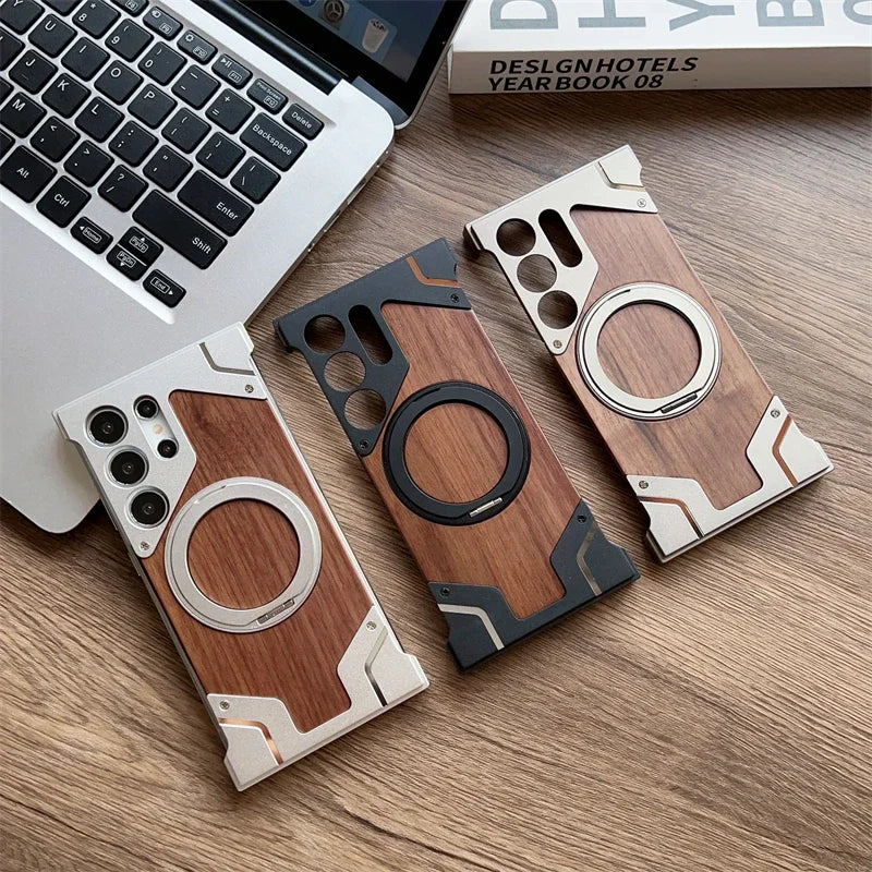 Aluminum & Wooden Magnetic Phone Case – 360° Shockproof Magsafe Cover for Samsung Galaxy S22-S25 Ultra