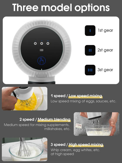 USB Rechargeable Electric Hand Blender — Wireless Portable 3-Speed Hand Whisk with 2 Attachments for Baking, Milk & Cream