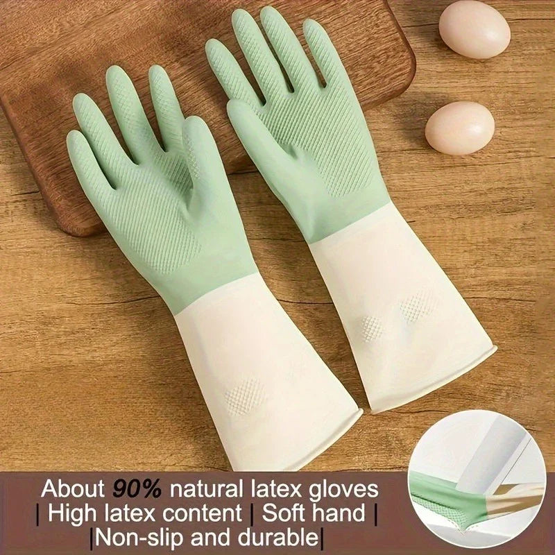 Thick Waterproof Latex Kitchen Gloves – Non-Slip Grip Dishwashing & Cleaning Gloves, Durable Household Protection (Beige & Mint Green)