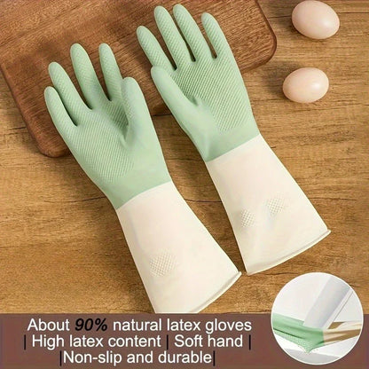 Thick Waterproof Latex Kitchen Gloves – Non-Slip Grip Dishwashing & Cleaning Gloves, Durable Household Protection (Beige & Mint Green)