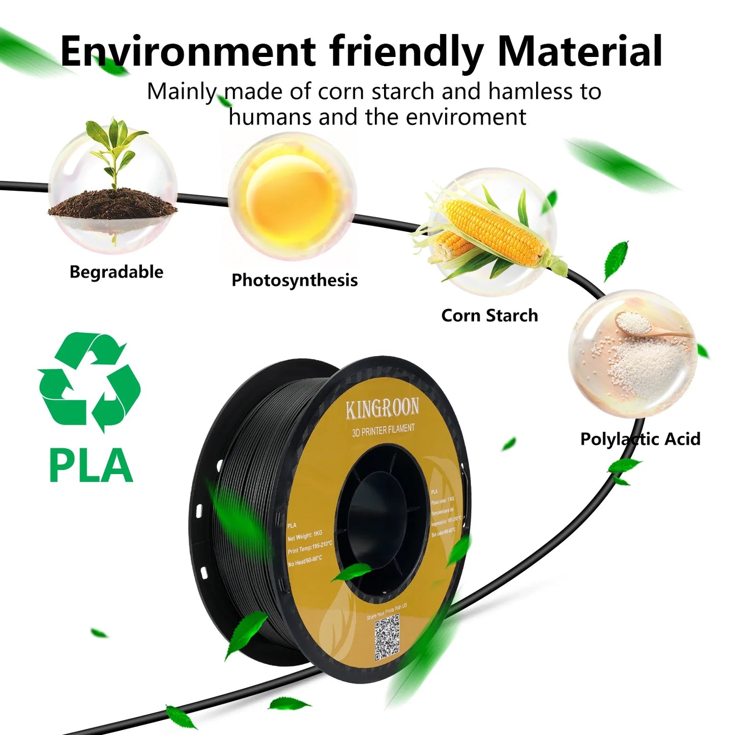 KINGROON 3D Printer Filament 22LBS — 10 Rolls 1KG 1.75mm PETG & PLA, Eco-Friendly Mixed Colors, High Toughness