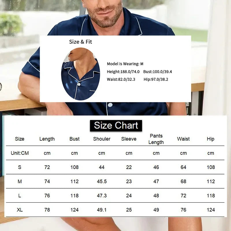 Men’s Satin Pajama Set – Summer Short Sleeve Button-Down Shirt & Shorts, 2-Piece Sleepwear Home Clothes