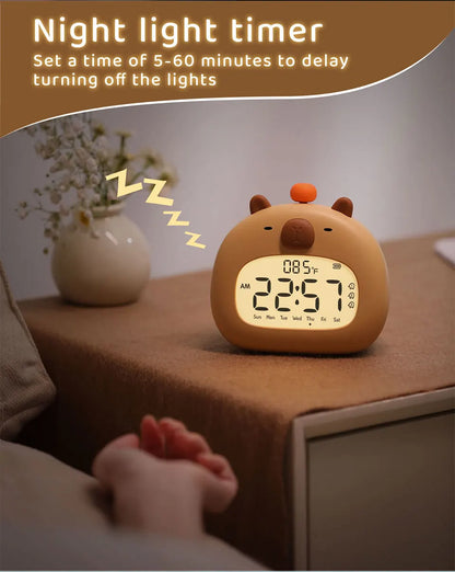 Capybara LED Digital Alarm Clock - Rechargeable Bedside Lamp with Timer, Dimmable Light & USB Charging, Kids Gift