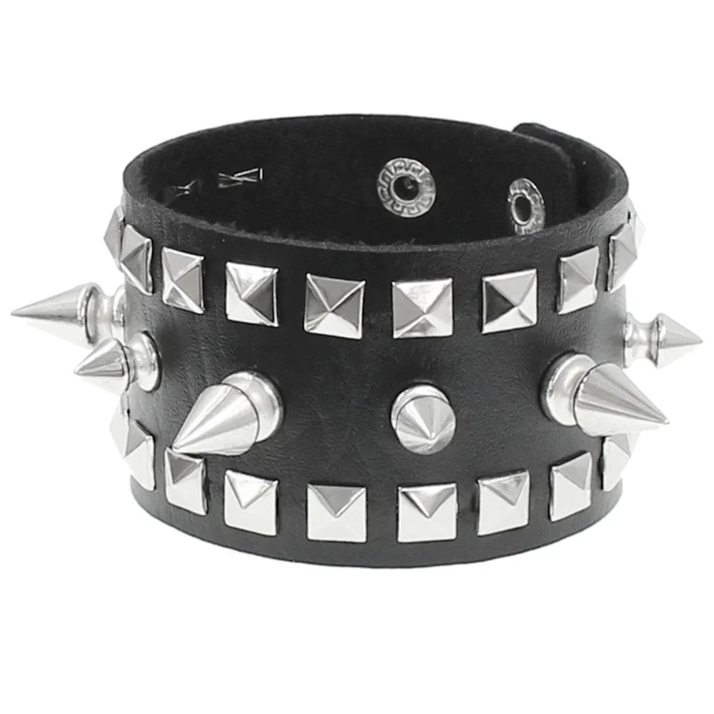 90s Punk Style Bracelet – PU Leather with 3 Rows of Spikes & Square Studs, Fashion Bangle for 2024