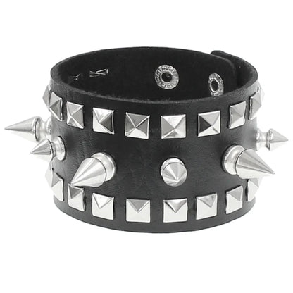 90s Punk Style Bracelet – PU Leather with 3 Rows of Spikes & Square Studs, Fashion Bangle for 2024
